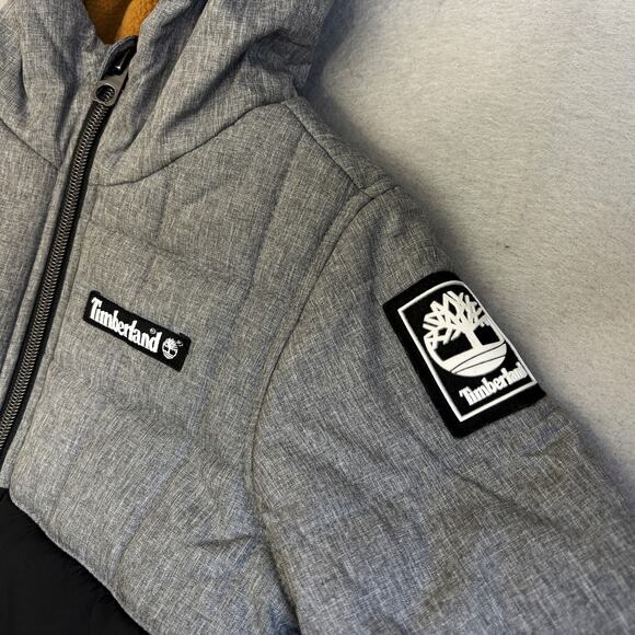 Timberland Puffer Jacket Boys 2 Gray Black Color Block Hooded Coat Outdoors Kids - Picture 3 of 8